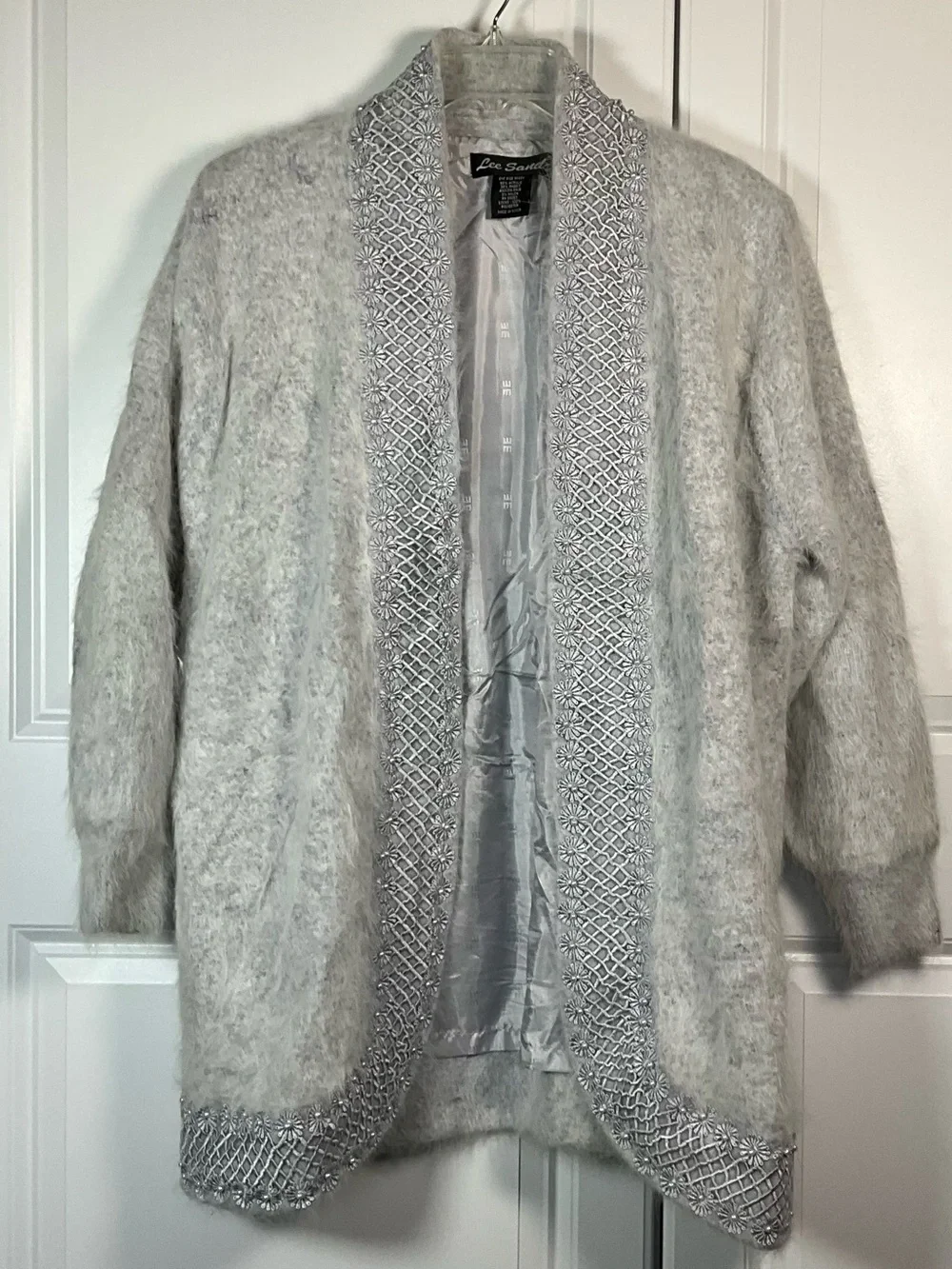 Vintage Lee Sands Angora Rabbit Hair Size OS Gray Sweater Coat Pearl Lace Trim